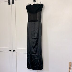 Commense Mesh Panel Black Satin A-line Strapless Tube Dress